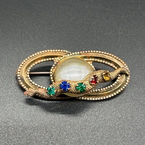 Antique Victorian Snake Brooch Pin Glass Gems Faux Pearl Serpent Jewelry Vintage - Picture 2 of 9